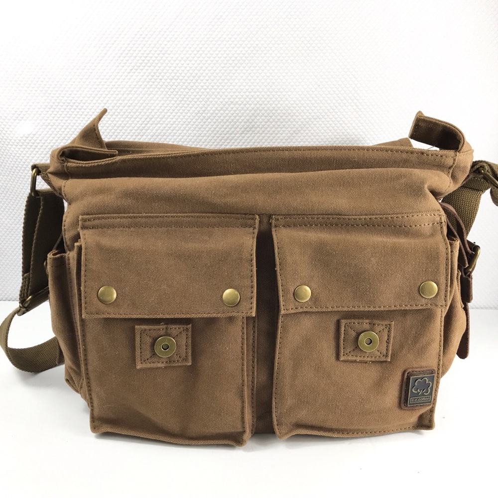 S.C.COTTON Leather and Khaki Canvas Messenger Laptop Office Bag - Picture 2 of 11